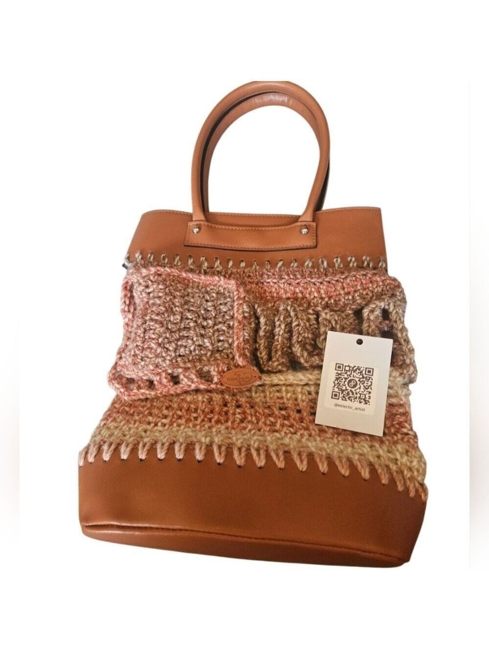 Upcycled Crochet Faux Leather Tote with Denim Pocket Fall Artisan Handbag Knit - Picture 3 of 17